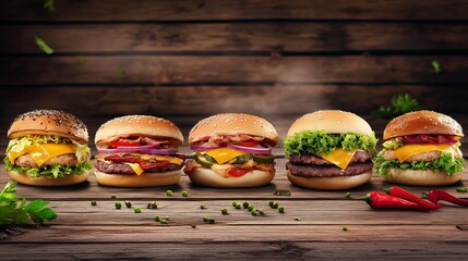 Row of five different types of hamburgers are displayed on a wooden table