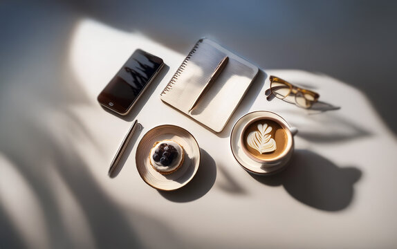 A flat lay of everyday essentials on a white background with sunlight streaming through a window.