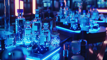 High-tech laboratory setup with illuminated glass containers and futuristic blue neon lights, representing advanced science and experimental research