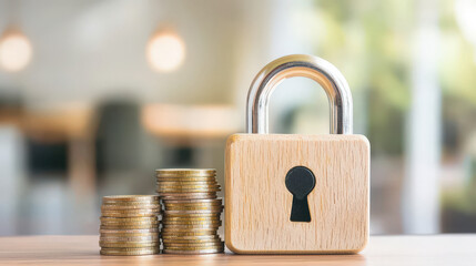 Wooden lock and stacked coins on table, symbolizing security and savings. blurred background adds sense of calm and focus on financial stability