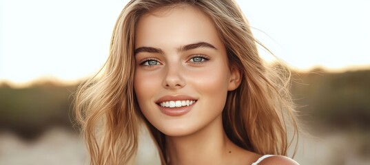 Fototapeta premium Portrait of a Beautiful Blonde Woman Smiling Outdoors. Summer Beauty. Skincare, Cosmetics.,