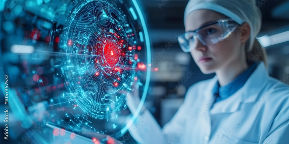 Poster scientist in lab coat interacts with futuristic digital interface, focusing intently on holographic 