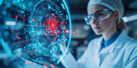 scientist in lab coat interacts with futuristic digital interface, focusing intently on holographic display. scene conveys innovation and advanced technology in laboratory setting