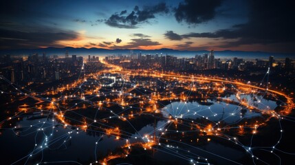 Aerial view of a city illuminated at dusk with interconnected network lines.