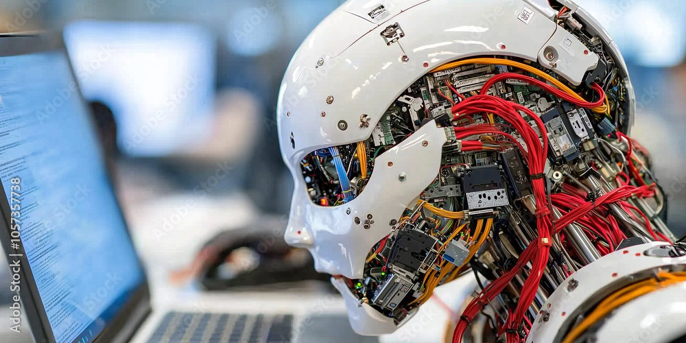 Poster humanoid robot with exposed wiring and components is focused on laptop, showcasing advanced technology and artificial intelligence in modern setting