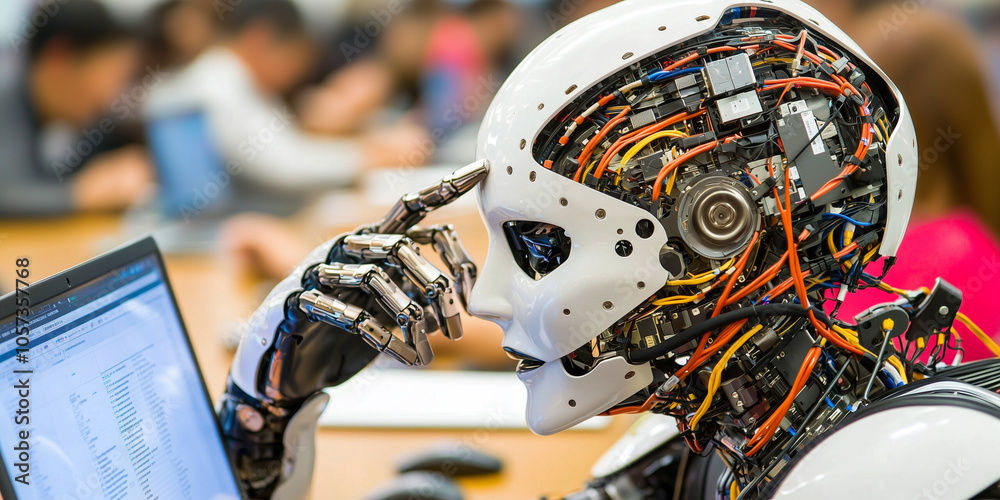 Poster humanoid robot with exposed wiring and mechanical components is focused on laptop in busy office setting, showcasing advanced technology and artificial intelligence