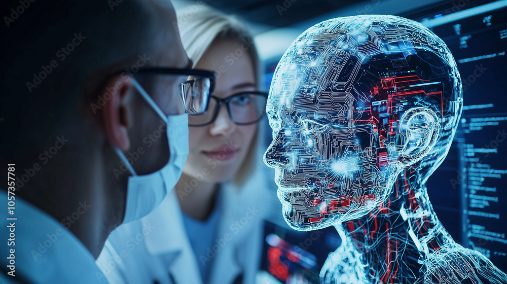 Poster Two engineers analyze digital humanoid interface, showcasing advanced technology and innovation. scene highlights intersection of human expertise and artificial intelligence in futuristic setting
