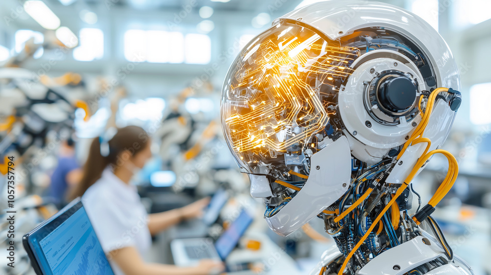 Aufkleber futuristic robot with transparent head displaying intricate circuitry stands in high tech laboratory, symbolizing advanced artificial intelligence and innovation