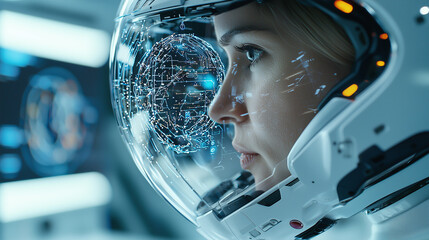 focused astronaut gazes through futuristic helmet, displaying digital interface. scene captures essence of space exploration and advanced technology
