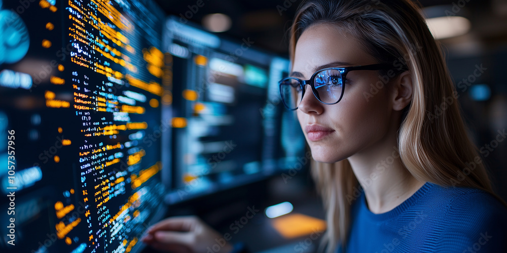 Poster focused woman in glasses is coding on multiple computer screens, immersed in software development. environment is high tech and modern, highlighting her concentration and expertise
