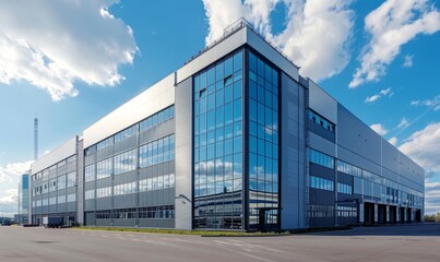 Fototapeta premium ogistics center, headquarters or large office building under a blue sky