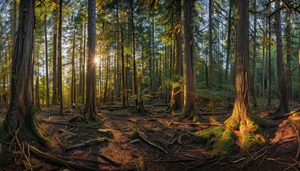 Obraz premium Sunbeams Filtering Through a Dense Forest of Tall Trees