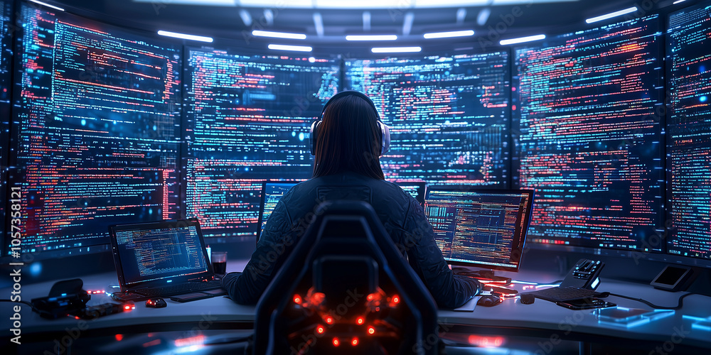 Fototapete woman sits in high tech control room, surrounded by multiple screens displaying complex code, creating software with focus and precision