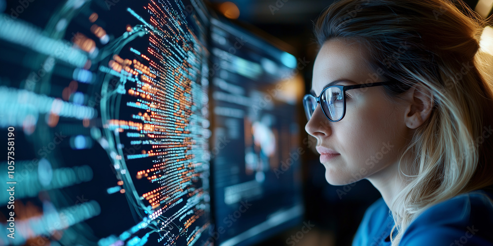 Poster focused woman in glasses analyzes complex code on multiple computer screens, immersed in software development