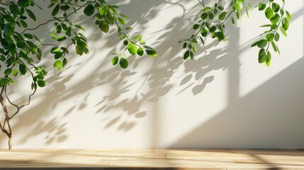 Sunlight on green tree branches casting shadows on white wall and wooden table with empty space.