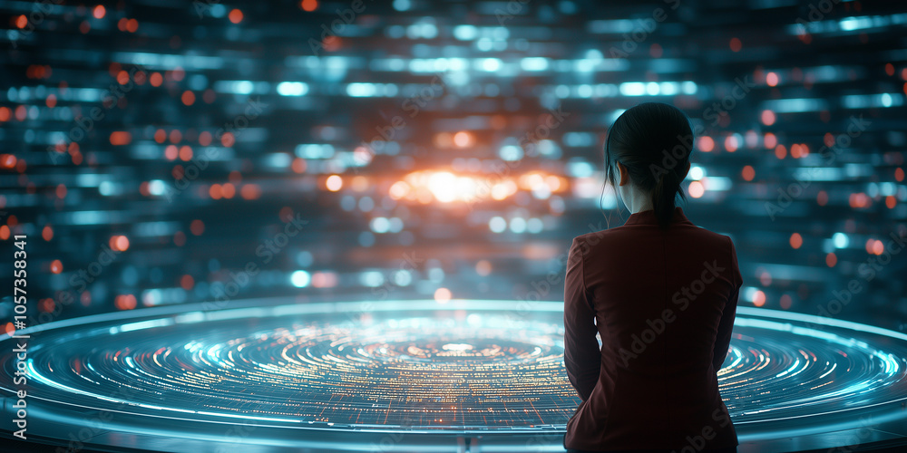 Poster woman in futuristic setting interacts with digital interface, surrounded by glowing data and holographic elements, suggesting advanced technology and innovation