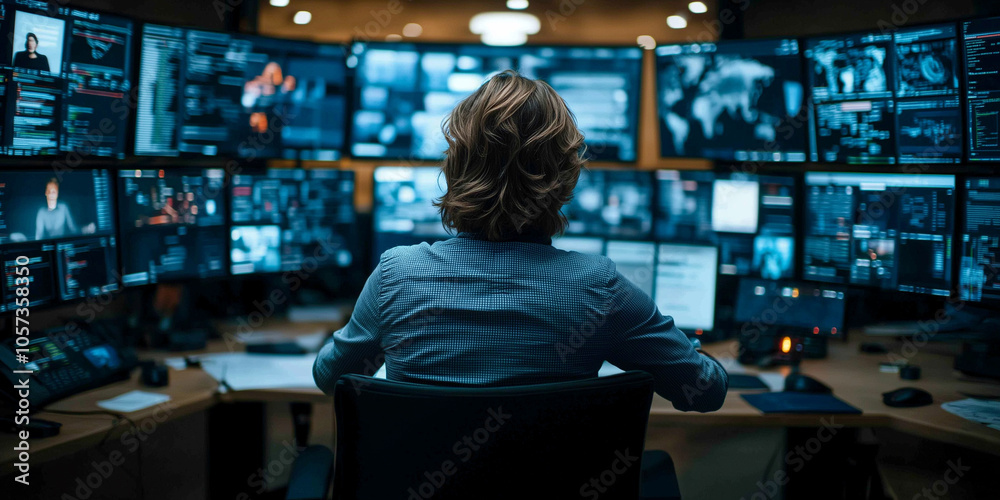Fototapete person sits in front of multiple computer screens displaying data and code, creating focused and high tech atmosphere. scene suggests cybersecurity or data analysis environment