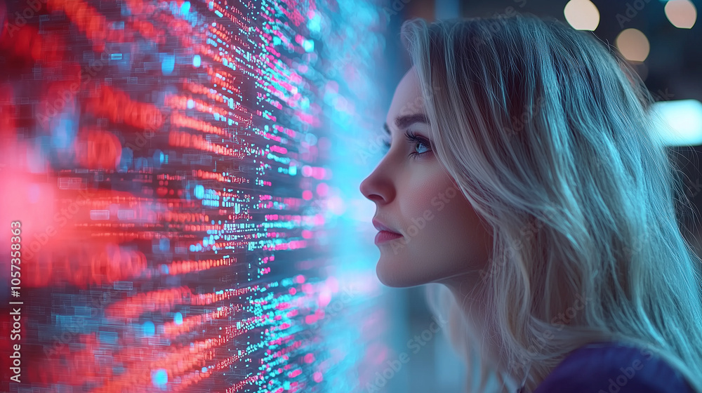 Poster woman gazes intently at digital screen filled with glowing code, symbolizing innovation and technology. vibrant colors reflect dynamic world of software development