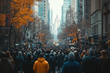 Obraz premium Crowd walking on fifth avenue towards empire state building in autumn