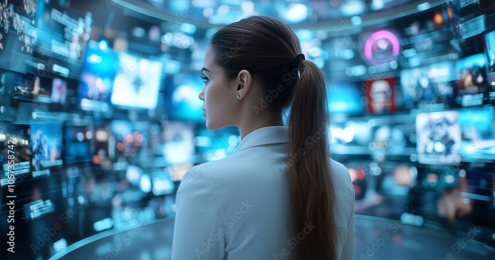 Poster businesswoman stands in front of digital screen displaying immersive data and graphics, showcasing f