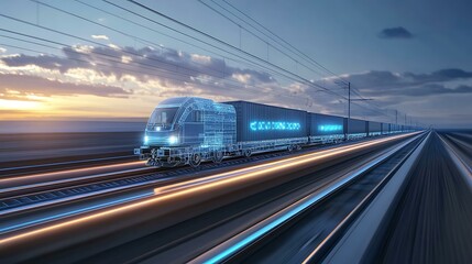 Naklejka premium Smart freight train equipped with advanced cargo technology traveling along a track, powered by sustainable energy sources