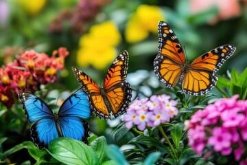 Fototapeta premium Colorful butterflies flying over blooming flowers in garden