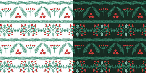 Hand-drawn christmas background with leaves and berries. Vector seamless holiday pattern