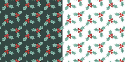 Hand-drawn christmas seamless pattern with leaves and berries. Vector winter holiday background