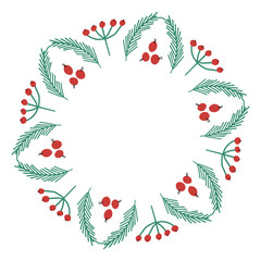 Floral Christmas wreath with red berries and green leaves. Holiday hand-drawn circle frame