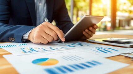 close up hand's businessman checking data between paper chart and tablet. Generative AI