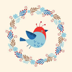 Cute winter bird flying in a frame of flowers, berries, twigs. Christmas and New Year. Vector illustration suitable for greeting card, poster, banner, flyer, cover, sticker.