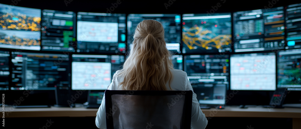 Aufkleber woman with blonde hair sits in front of multiple computer screens displaying data and analytics in control room, focused on monitoring and analysis