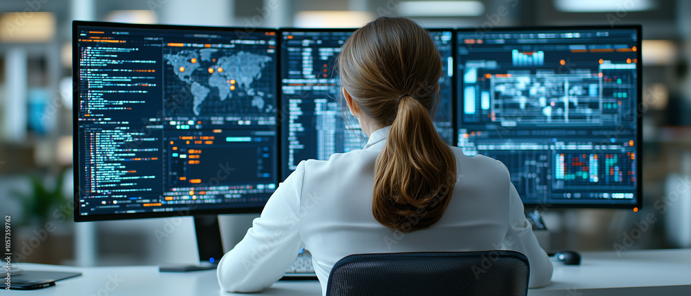 Poster woman in white shirt is focused on multiple computer screens displaying data and analytics in modern office setting