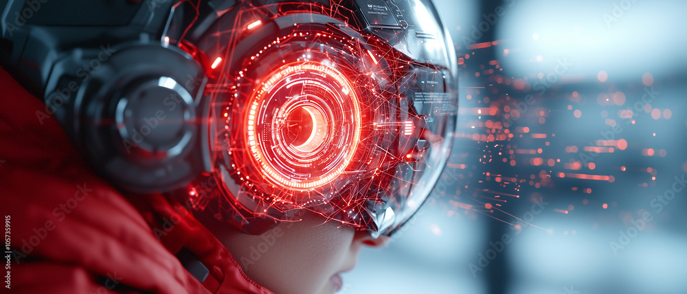 Poster person wearing futuristic helmet with glowing red digital interface, creating high tech and immersiv