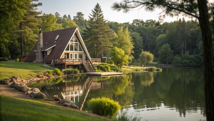 Fototapeta premium A Frame Home by the Tranquil Lake - Serene Nature Retreat with Tilt-Shift Photography Effect