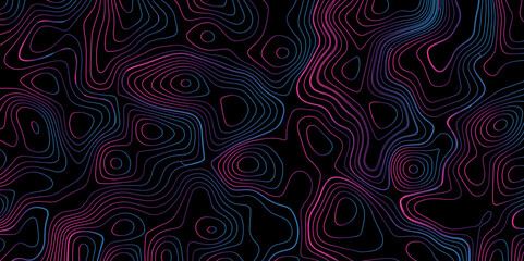 Abstract gradient multicolor on black background with Topographic line map pattern, Topographic map lines, contour background, wavy and curved lines background, Geographic map.	