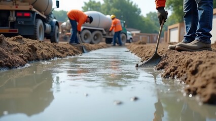 Naklejka premium Workers pouring concrete for the foundation of a new home, with cement trucks and equipment visible