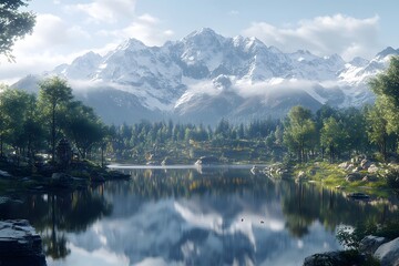 Fototapeta premium A serene mountain landscape with a reflective lake and lush greenery.