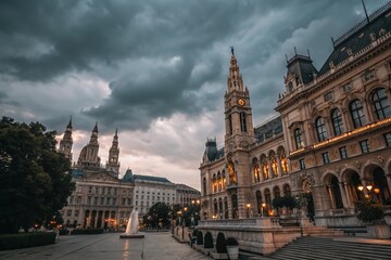 Fototapeta premium Architectural Monuments of Vienna in Cloudy Evening with Bokeh Effect, Capturing European Culture and Historical