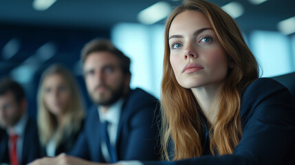 Obraz premium focused woman in business meeting with colleagues, showcasing determination and professionalism