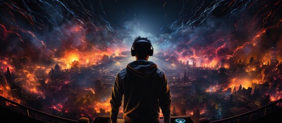 A figure in headphones overlooks a fiery, apocalyptic cityscape, suggesting gaming or virtual reality.