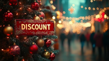 Festive Christmas scene with a decorated tree and discount sign, perfect for holiday season promotions. Warm bokeh lights and ample copyspace make it ideal for seasonal ads.

