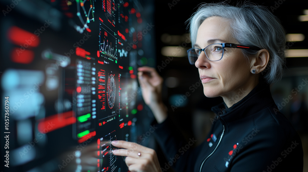 Poster focused woman interacts with digital interface displaying complex data visualizations, highlighting technology and innovation in modern setting
