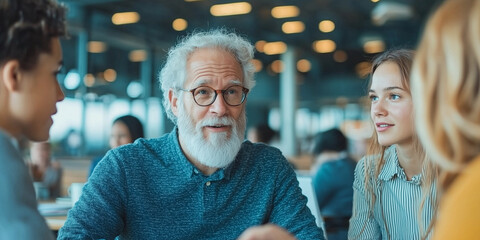 group of diverse students engaged in lively discussion with bearded professor in modern library setting. atmosphere is collaborative and focused