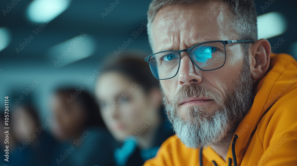 Poster focused man with glasses and beard listens intently in classroom setting, wearing bright orange hood