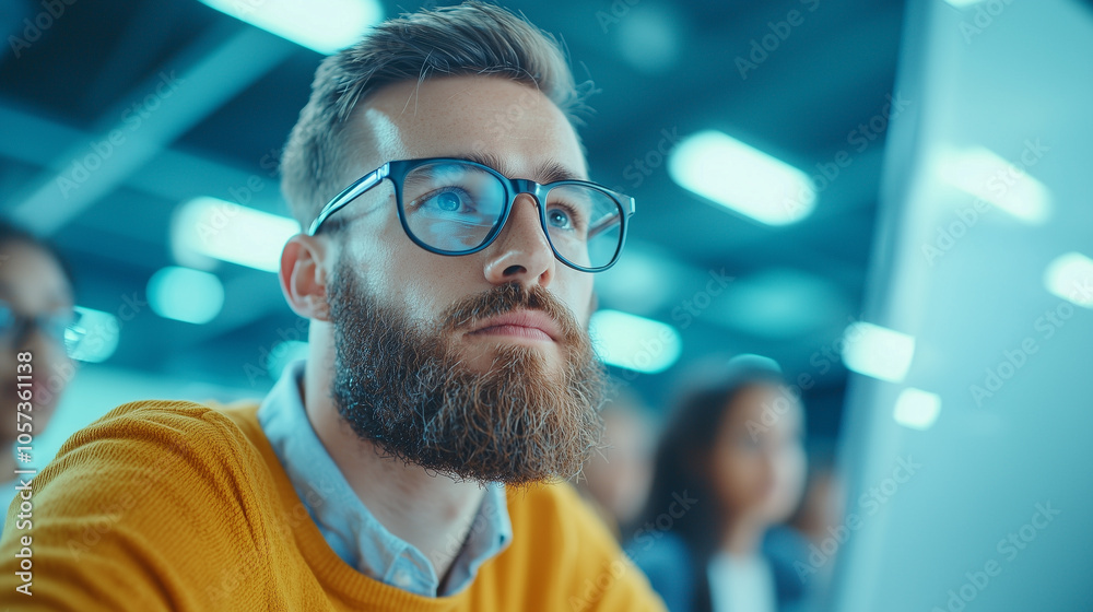 Poster focused man with glasses and beard attentively listens in modern classroom setting, surrounded by bl