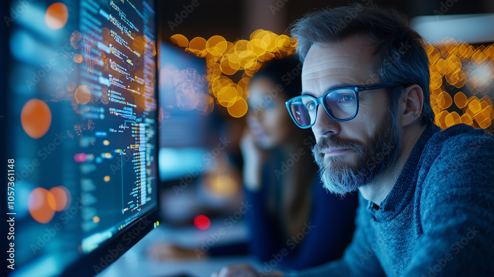 Poster focused man with glasses works on computer programming, surrounded by code and bokeh lights, collaborating with colleague in modern office setting