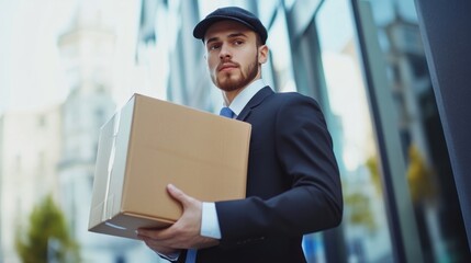 Delivery Man in Suit Holding Package