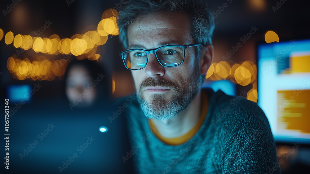 Poster focused man with glasses works intently on computer in dimly lit office, surrounded by glowing scree