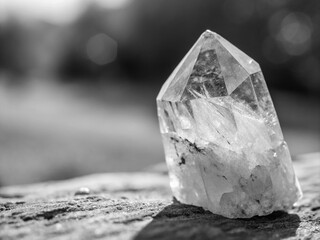 Fototapeta premium Black and White Tilt-Shift Photography of Isolated Quartz Crystal with Sharp Edges for Elegant Decorative Use